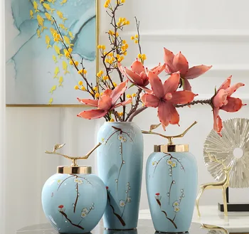 Avrupa Tarzı Seramik vazo saklama kabı porselen kapaklı El-boyalı çiçekler Ortam masa Boş oturma odası süslemeleri