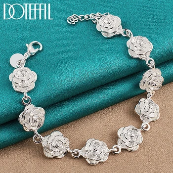 DOTEFFIL 925 Ayar Gümüş Tam Gül çiçek zinciri Bilezik Kadınlar İçin Düğün Nişan Parti Moda Charm Takı