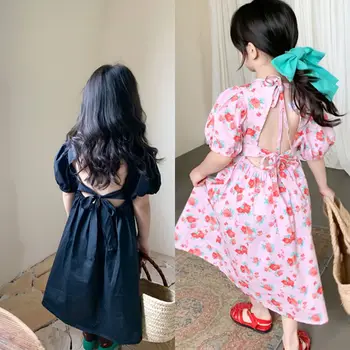 yaz Bohemian boho uzun elbise bebek kız giysileri prenses A-line puf kollu aç geri hollow out vestidos 3 ila 8 yıl