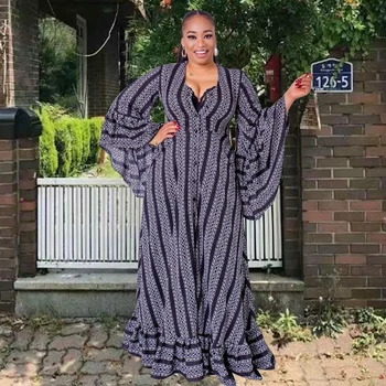 Klasik Baskı Sonbahar Afrika Bobo Elbiseler Kadın V Yaka Alevlendi Kollu Uzun Maxi Elbise Vintage Retro Abaya Elbise Zarif Günlük