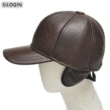 SILOQIN Ayarlanabilir Boyutu erkek Earmuffs Şapka Kalın Sıcak Beyzbol Kapaklar Hakiki Deri Şapka Yeni Inek Derisi Deri Kap Erkekler Markalar Kap
