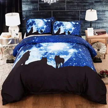 3D Yıldızlı Gökyüzü Kurt Kaplan Yatak Set Mavi Siyah Yorgan Kapak İkiz Yatak Örtüsü ropa de cama Çift kişilik Yatak Kapak King size Yatak Set