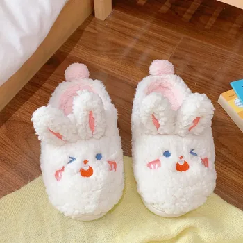 Yeni Kış kadın Ev Terlik Faux Kürk sıcak ayakkabı Sevimli İfade Tavşan Ayı Kadın Terlik Çift Kürklü pamuklu ayakkabılar