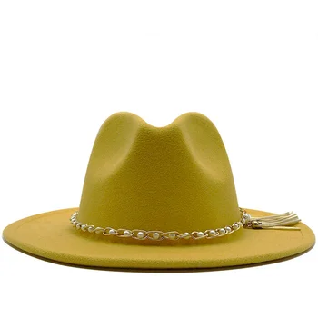 Kadın Erkek Geniş Ağız Yün Keçe püskül Caz fötr şapkalar Panama Tarzı Kovboy Fötr Parti resmi Elbise Şapka Büyük Boy Sarı beyaz  