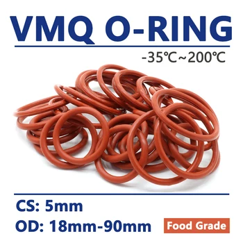 Kalınlığı CS 5mm Kırmızı VMQ Silikon O Ring OD 18-90mm Gıda Sınıfı Su Geçirmez Yıkayıcı Kauçuk Yalıtımlı Yuvarlak Şekil Sızdırmazlık Contası