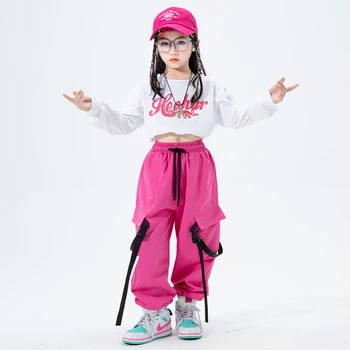 Çocuklar Genç Hip Hop Giyim Beyaz Kazak Kırpma tankı Üstleri Rahat Streetwear Kargo Pantolon Kız Caz dans kostümü Elbise