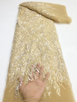 Ağır gümüş Sequins Dantel boncuklu kumaş Nijeryalı Gelin Elbise İçin Lüks Akşam Fransız Dantel 5 yards Parti Düğün LY1554