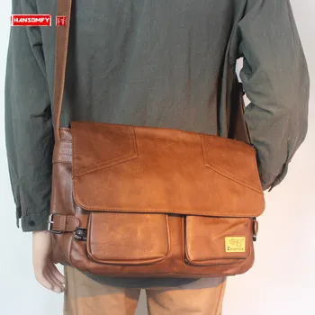 Retro Deri erkek Ve kadın askılı çanta A4 Dosya Paketi 14 İnç laptop çantası Kolej Tarzı Öğrenci Omuz Crossbody çanta