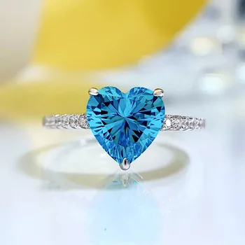 Takı 2022 Katı 925 Ayar Gümüş Kalp şeklinde 8 * 8mm Mavi Yüksek Karbonlu Elmas Akuamarin Yüzük Düğün