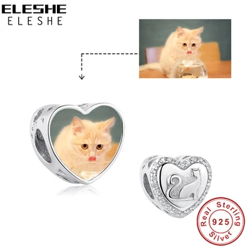 ELESHE Sevimli Pet Kedi CZ Boncuk Kişiselleştirilmiş Özel Fotoğraf 925 Ayar Gümüş Kalp Charm Fit Orijinal diy bilezik uğurlu takı