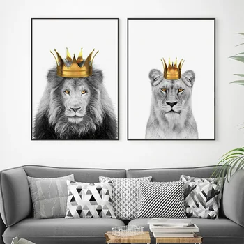Hayvanlar Siyah ve Beyaz Aslan Kraliçe Taç Posteri ve Baskılar duvar sanatı tuval yağlıboya Resim Oturma Odası için Ev Dekorasyon