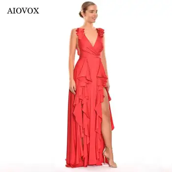 AIOVOX Seksi V Yaka Gelinlik Modelleri Backless Bölünmüş A-Line Şifon Kolsuz Balo Elbise Kat Uzunluk Basit Düğün Elbisesi