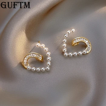 GUFTM 2022 Yeni Varış Moda Kavisli İnci Kalp Dangle Küpe Kadınlar için Moda Sevimli Tatlı Kristal Takı Kız Hediyeler