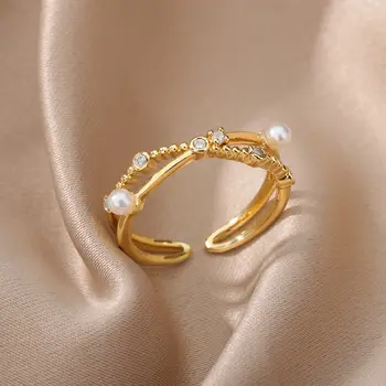 Moda Çapraz Çift Katmanlı Açılış Yüzükler Kadınlar için Paslanmaz Çelik Altın Renk Yüzük Estetik düğün takısı Hediye bague femme