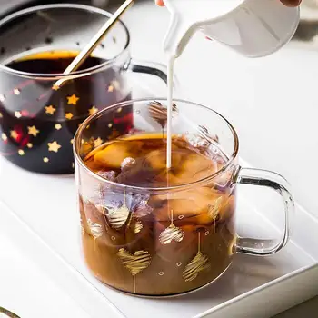 Yaratıcı Cam Bardak Altın Baskılı ısıya dayanıklı Kahve Çay Içecekler Tatlı Kahvaltı süt kupası Cam kulplu kupalar Hediyeler 400 ml