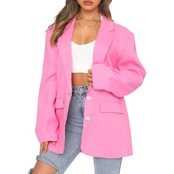 2021 Kadın Moda düz Renk Gevşek Uygun Çentikli Yaka Aşağı Rahat Butonuna Kol Blazers Streetwear Bayanlar Uzun Kat