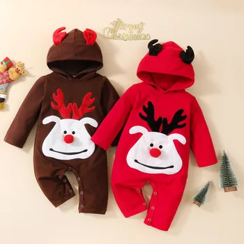 Yenidoğan Bebek Giysileri Boynuz Baskılı Kapşonlu Romper Sonbahar Kış Noel Erkek ve Kız Tek Parça Giyim Çocuklar Kıyafetler Setleri