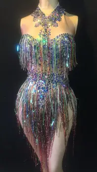Renkli Saçaklar Rhinestones Bodysuit Kadın Sahne dans kostümü Gece Kulübü Dans Kadın Şarkıcı Gösterisi Parlak Leotard