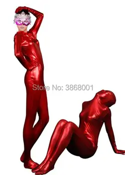 Seksi süslü elbise Kadın Kostüm Parlak Tam Vücut Kırmızı parlak Metalik Zentai Suit Bodysuit geri fermuar