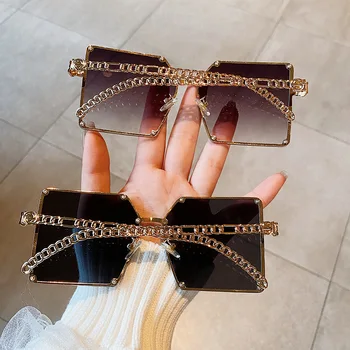 2022 Yeni Moda Büyük Boy Degrade Güneş Gözlüğü Kadınlar İçin Zarif Shades Vintage Alaşım Zincir Çerçeve Perçin Kare güneş gözlüğü Unisex