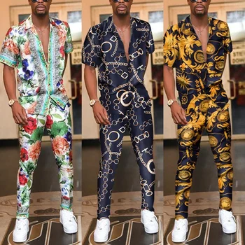 2023 erkek Baskı Gömlek Rahat Takım Elbise Yaz 2 Parçalı Set Kısa Kollu Yaka Üstleri + Saten Pantolon Moda Olmayan Ana Giyim