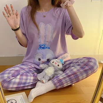 Pijama kadın Yaz Sevimli Karikatür Yıldız Çiy Kısa kollu Pantolon Pijama Ev Giysileri İki Pices Setleri