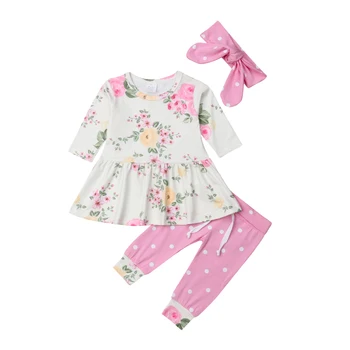 Toddler Yenidoğan Bebek Kız Uzun Kollu Çiçek Üstleri Tutu Elbise Yumuşak pamuklu pantolonlar Tayt Kafa Bandı Kıyafetler Giyim Setleri