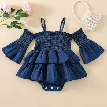 0-24 M Bebek Kız Bahar Sonbahar Romper Uzun Parlama Kollu Ruffles Kapalı Omuz Mavi Denim Tulumlar Giyim