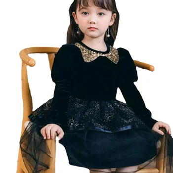 Yüksek Kaliteli Siyah Pullu Çocuklar kızlar için doğum günü elbiseleri Puf Kollu Uzun Kollu Bebek Prenses Elbisesi Parti Resmi Elbise CC061