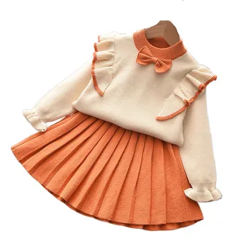 Bebek Kız Giysileri Set Sonbahar Kış 2022 Yeni Moda Kazak Takım Elbise Sevimli Yay Örme İki parçalı 3-7 Yıl Çocuk giyim