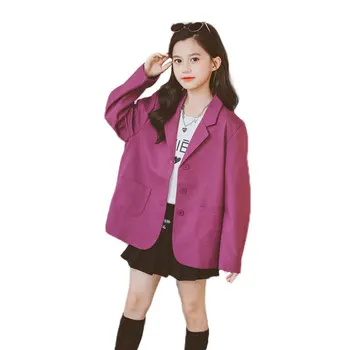 Ilkbahar Sonbahar Çocuk Kız Ceket Moda Kore Uzun Kollu Mor Takım Elbise Ceketler Kızlar için Genç Düğme Blazer Hırka Kostüm