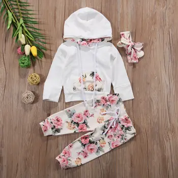 3 ADET Yenidoğan Toddler Bebek Kız Giysileri Kapşonlu Üstleri Çiçek Pantolon Kıyafetler Eşofman