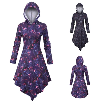 ASDS-Kadın Moda Kapşonlu Uzun Kollu Cadılar Bayramı Baskı Düzensiz Elbise