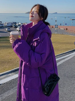 2022 Kore Kış Kadın Ceket Uzun Parkas Ceketler Kapşonlu Kalın Sıcak Rüzgar Geçirmez Parkas Coat Moda Kadın Dış Giyim Uzun Parka