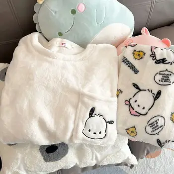 Sanrio Pijama Takımı Hello Kitty Pachacco Karikatür Sonbahar Kış Yeni Sıcak Pazen Pijama İki Parçalı Set Kawaii Sevimli Yumuşak Ev giyim