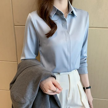 Zarif Saten Ofis Bluz Kadınlar İçin Şık Bahar Sonbahar Uzun Kollu Tek Göğüslü Gömlek Bayan Temel Gömlek Bluz