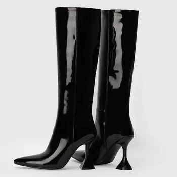 2021 Sonbahar Seksi Yavru Topuk Diz Yüksek Kadın Botları Yeni Patent Deri Moda Sivri Burun Modern Çizmeler Kış sıcak Bayan Ayakkabıları