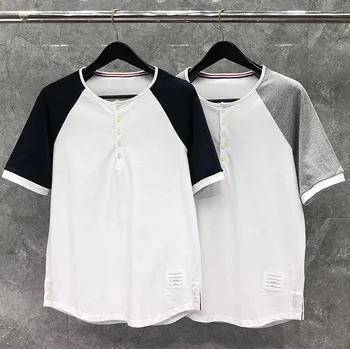 TB Moda 2023 THOM Marka T Shirt Erkekler Casual Slim Patchwork pamuklu tişört Yaz Kısa Kollu Kontrast Renk O-boyun Giyim