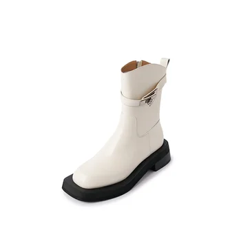 Retro Katı Çizmeler Kemer Toka Ayakkabı İnek Derisi platform ayakkabılar Kadın Moda günlük çizmeler Kış Tıknaz Topuklu Bayan Kadın Ayakkabı