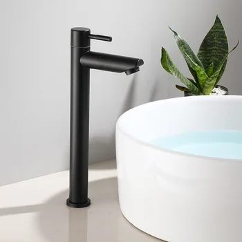 Havza Musluk Tek Soğuk Banyo Musluk batarya Banyo lavabo musluğu Uzun Boylu Siyah Pirinç Musluk Soğuk Su için