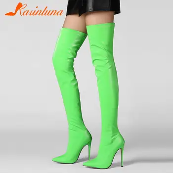 Yeni Ince Yüksek Topuklu 12 cm Sivri Burun over-the-diz Seksi Parti Kadın Çizmeler Bahar Sonbahar Yeşil Turuncu Lady Ayakkabı Artı Boyutu 33-44