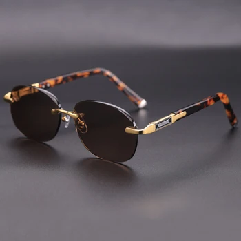 Lüks Çerçevesiz Oval Güneş Gözlüğü Erkek Kadın Asetat Gözlük Çerçevesi Doğal Kristal Taş Lens Gözlük Adam Oculos En Kaliteli