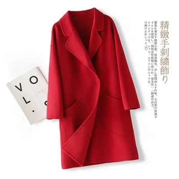 2022 Kış Ceket Bayan Yün Ceket Çift Yüzlü Kemer Giyim Uzun Kaşmir Şarap Kırmızı Siyah Deve Hırka Giyim Kadın