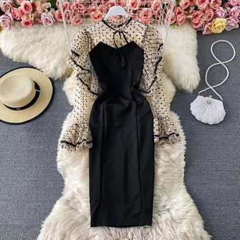 Fransız Retro Polka Dot Örgü Dikiş Sahte İki parçalı Elbise Bahar Kemer Mizaç Paket Kalça Elbise