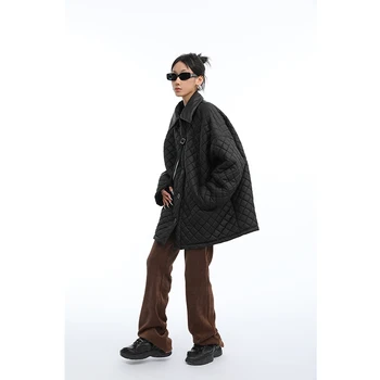 Kadın Siyah Tek Göğüslü Gevşek kapitone ceket Ceket Vintage Moda Uzun Kollu Streetwear Kadın Giyim Elbise Kış