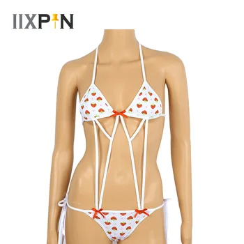 Seksi Kadınlar Sevimli Çilek Bikini Anime İç Çamaşırı Japon Cosplay Halter Boyun Mini Mikro Bikini Sutyen Üst G-String İç Çamaşırı