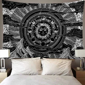 Psychedelic Uzay Dağ Güneş Ve Ay Goblen Duvar Asılı Retro Siyah Beyaz İnce Duvar Sanatı Bez Hippi Goblen duvar halısı