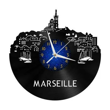 Marsilya Şehir Manzaralı Vinil Duvar Saati, Vinil Kayıt Saati Duvar Sanatı Sessiz ve Geçmeyen