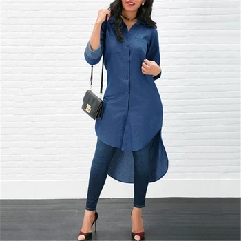 İlkbahar Sonbahar Kadınlar Uzun Kollu Düzensiz Bluz Turn Down Yaka Kadın Denim Uzun Gömlek Kadın Bluz