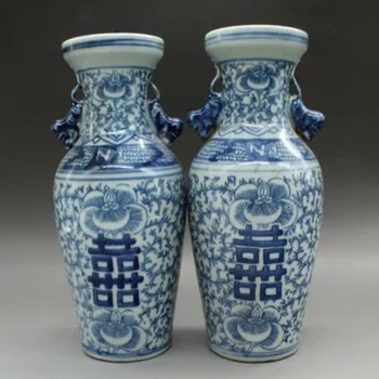 Bir Çift Çin Eski Mavi ve Beyaz Porselen Vazo Çift Mutluluk